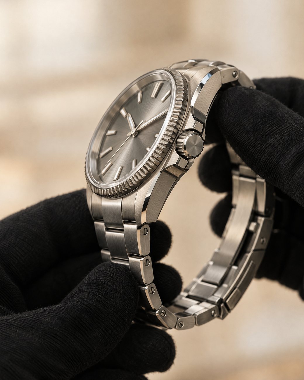 Two gloved hands turning a steel wristwatch to inspect its bezel, crown and bracelet